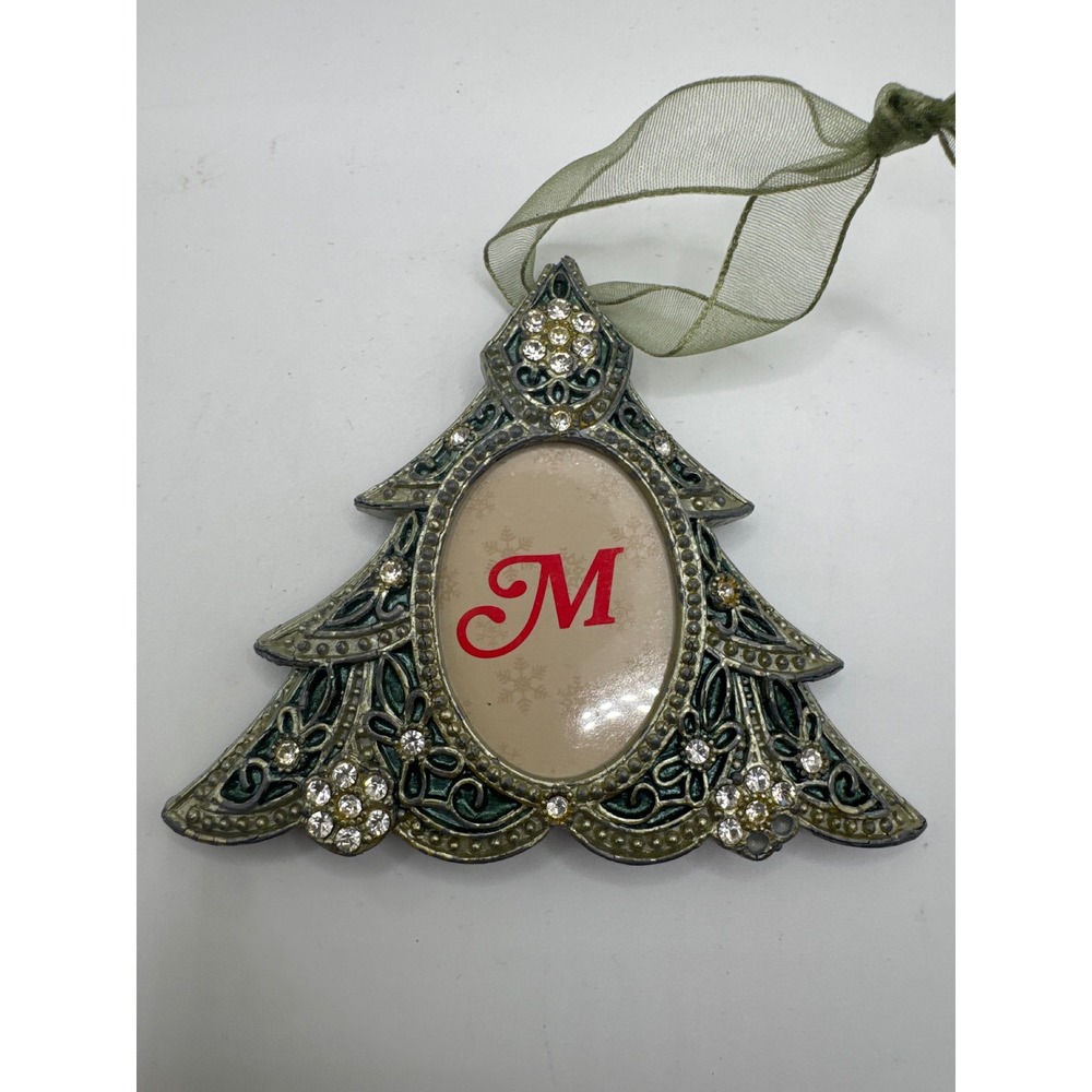 Christmas Tree Photo Frame Ornament Rhinestone Jeweled Filigree Monogram M 3.5"